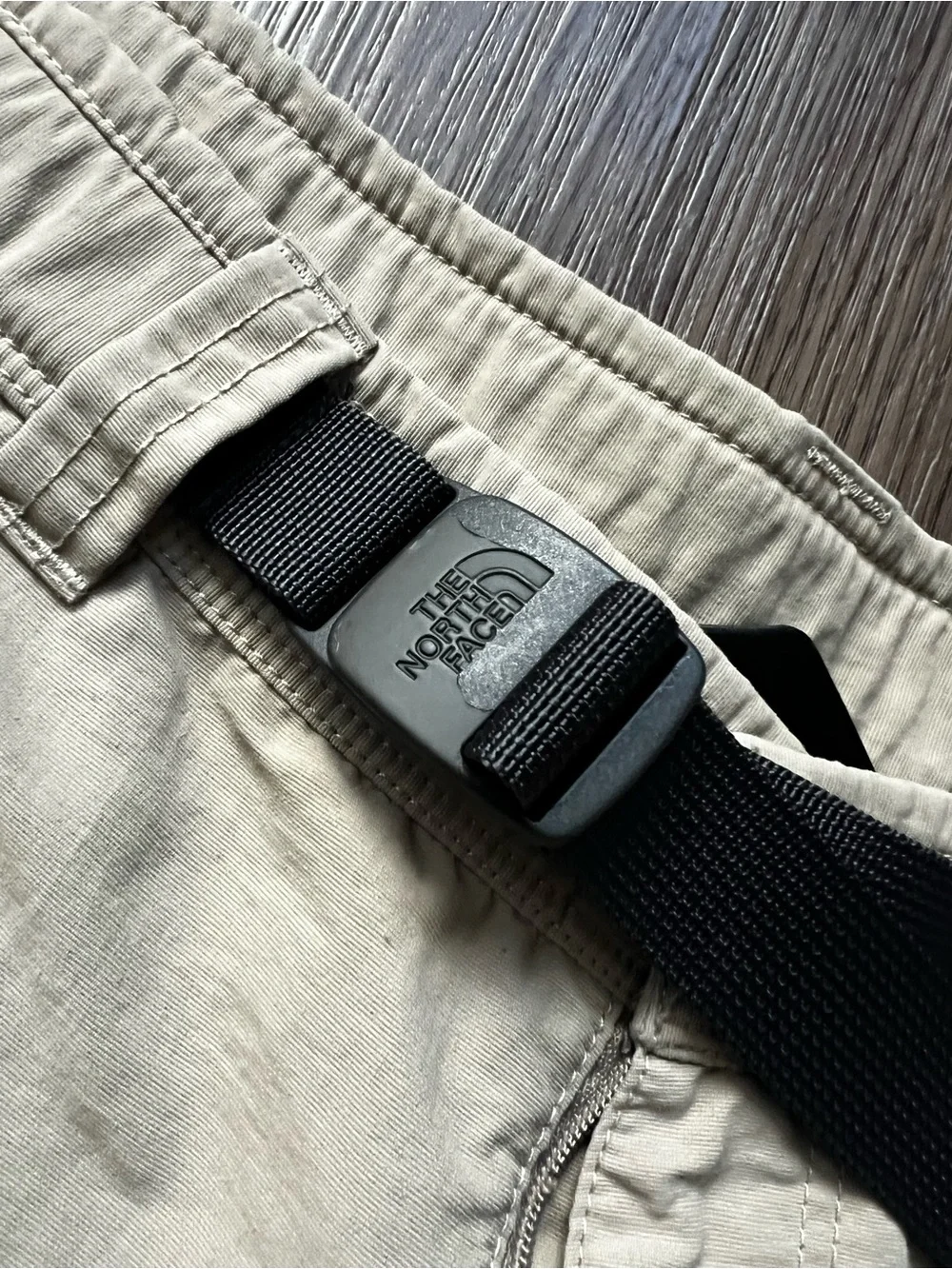The North Face Men's Tan Cargo Shorts with Black Webbing Belt